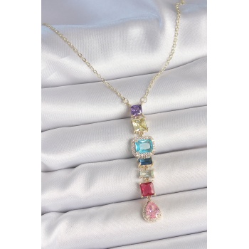 Gold Karışık Renk Zirkon Taşlı Y Pirinç Kolye - TJ-BKO10225