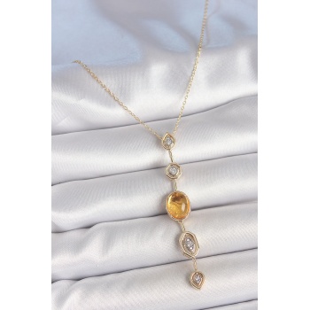 Pirinç Zincir Kehribar Sarı Gold Renk  Zirkon Taşlı Y Kolye - TJ-BKO10230
