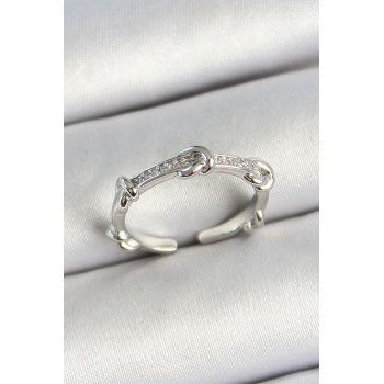 Pirinç Düğüm Figürlü Zirkon Taşlı Gümüş Renk Ayarlanabilir Kadın Yüzük - TJ-BYK3777