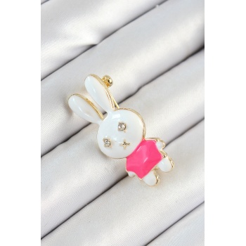 Zirkon Taş Detaylı Beyaz Ve Pembe 3D Tavşan Figürlü Kadın Broş - TJ-BR436