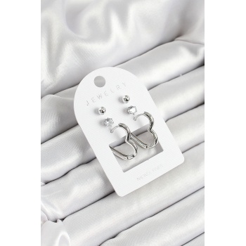 Pirinç Zirkon Taş Ve Kalp Figürlü Gümüş Renk 3lü Çift Kadın Küpe Set - TJ-BKP10644