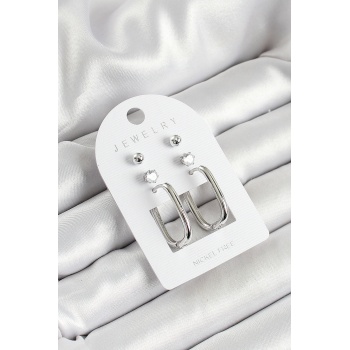 Pirinç Zirkon Taş Ve Dikdörtgen Figürlü Gümüş Renk 3lü Çift Kadın Küpe Set - TJ-BKP10645