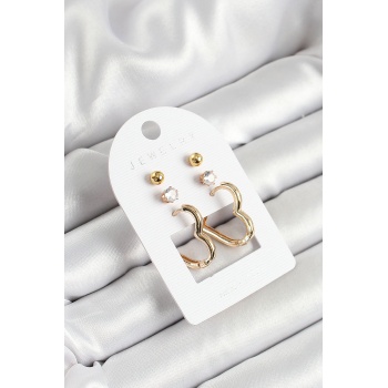 Pirinç Zirkon Taş Ve Kalp Figürlü Gold Renk 3lü Çift Kadın Küpe Set - TJ-BKP10650