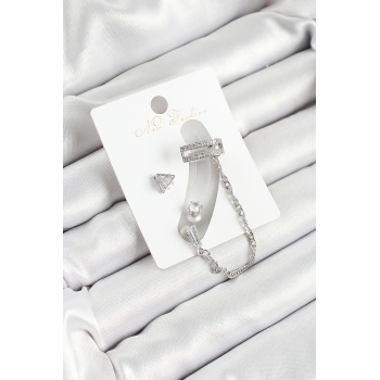 Pirinç Üçgen Figürlü Zirkon Taşlı Gümüş Renk 3lü Kıkırdak Kadın Küpe Set - TJ-BKP10658