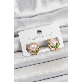 Pirinç Pembe Mineli Lale Figürlü Sanatsal Portre Model Gold Renk Kadın Küpe - TJ-BKP10672