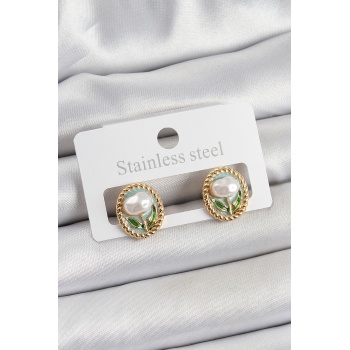 Pirinç Yeşil Mineli Lale Figürlü Sanatsal Portre Model Gold Renk Kadın Küpe - TJ-BKP10673