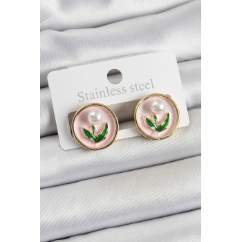 Pirinç Pembe Mineli Lale Figürlü Sanatsal Portre Model Gold Renk Kadın Küpe - TJ-BKP10674