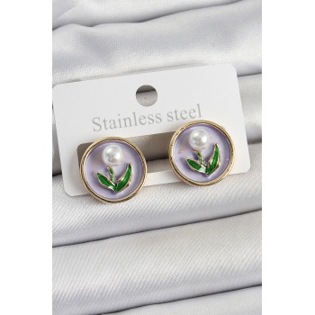 Pirinç Mor Mineli Lale Figürlü Sanatsal Portre Model Gold Renk Kadın Küpe - TJ-BKP10676