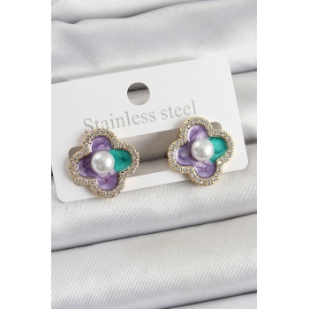 Pirinç Mor Mineli İnci Detaylı Zirkon Taşlı Sanatsal Portre Yonca Model Gold Renk Kadın Küpe - TJ-BKP10680