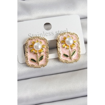 Pirinç Pembe Mineli Papatya Figürlü Sanatsal Portre Model Gold Renk Kadın Küpe - TJ-BKP10687