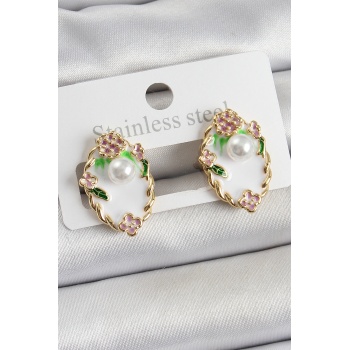 Pirinç Beyaz Mineli İnci Detaylı Sanatsal Portre Model Gold Renk Kadın Küpe - TJ-BKP10689