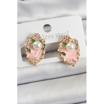 Pirinç Pembe Mineli İnci Detaylı Sanatsal Portre Model Gold Renk Kadın Küpe - TJ-BKP10690