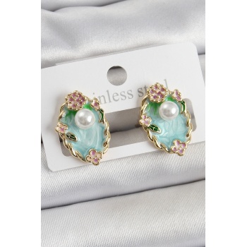 Pirinç Yeşil Mineli İnci Detaylı Sanatsal Portre Model Gold Renk Kadın Küpe - TJ-BKP10691