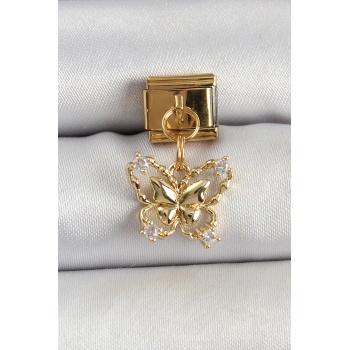 316L Çelik Sallantılı Zirkon Taşlı Kelebek Model Gold Renk Nomination Charm - TJ-BC1408