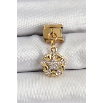 316L Çelik Sallantılı Zirkon Taşlı Kalp Detaylı Yıldz Model Gold Renk Nomination Charm - TJ-BC1415