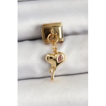 316L Çelik Sallantılı Zirkon Taşlı Eriyen Kalp Model Gold Renk Nomination Charm - TJ-BC1433