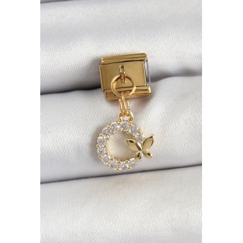 316L Çelik Sallantılı Zirkon Taşlı Kelebek Detaylı Halka Model Gold Renk Nomination Charm - TJ-BC1440