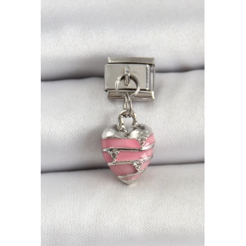 316L Çelik Gümüş Renk Pembe Kalp Model Nomination Charm - TJ-BC1495