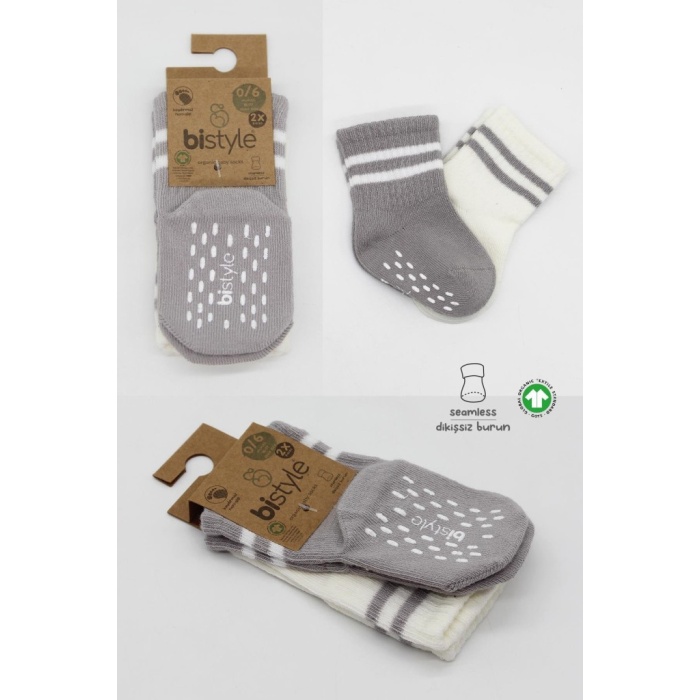 Çemberli Kaymaz Soket Çorap 2Li BS10125 Gri Ekru