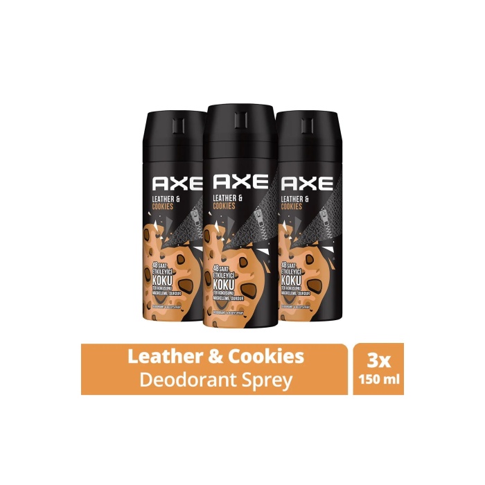 3 Adet Axe Erkek Sprey Deodorant Leather & Cookies 48 Saat Etkileyeci Koku 150 ml
