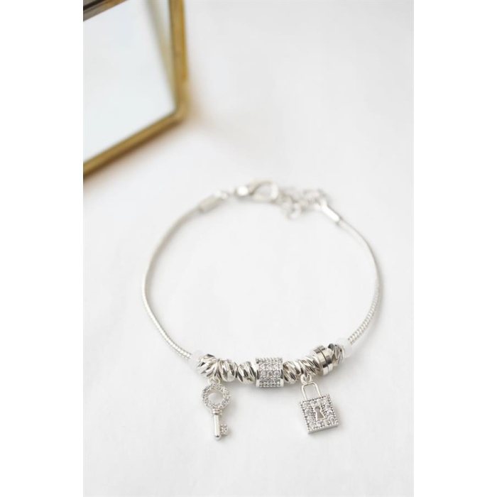 Kilit Anahtar Charmlı  Bileklik - Gümüş