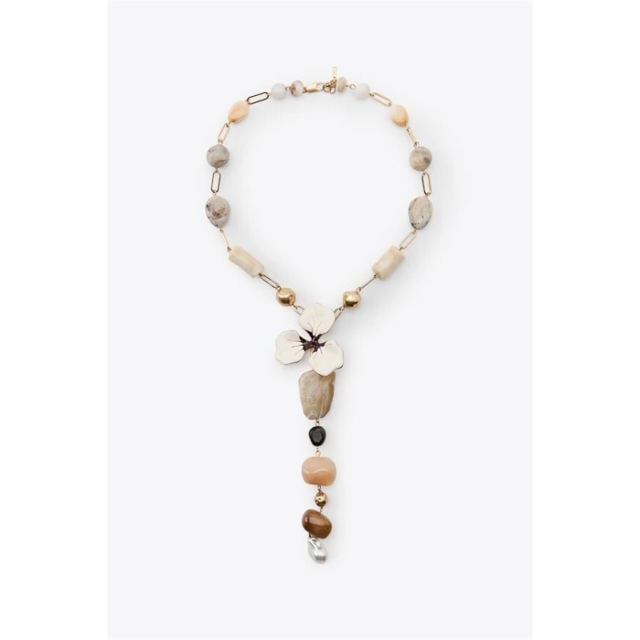 Taşlı Çiçek Kolye - Altın