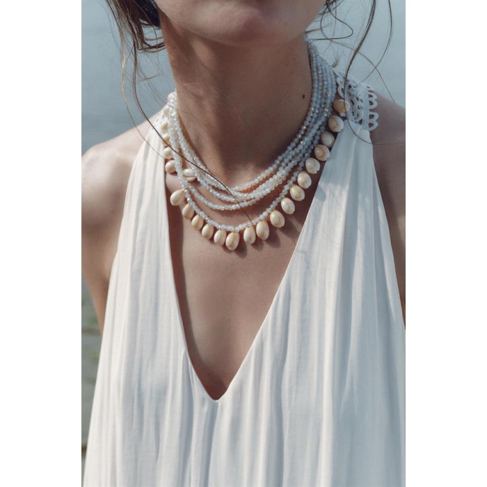 Kristal Boncuklu Kabuk Kolye - Beyaz