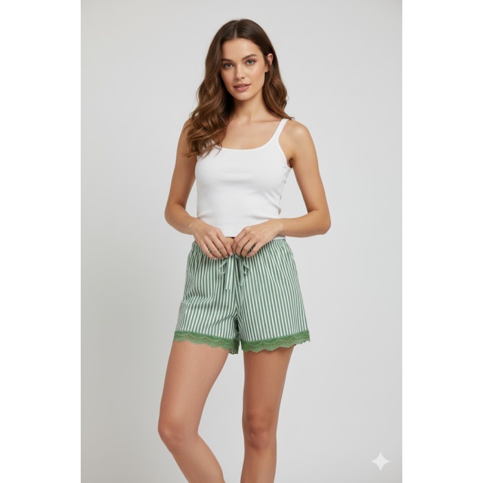 Çizgili Penye Kadın Ev Şortu Bacak Dantel Detaylı Ev Giyim Yeşil