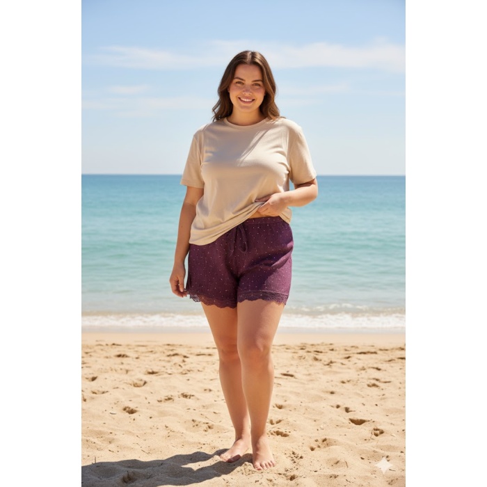 Düz Renk Mini Çiçek Desenli Penye Kadın Ev Şortu Bacak Dantel Detaylı Ev Giyim Gül Kurusu