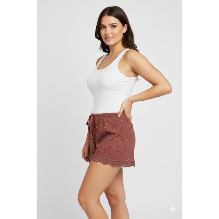 Düz Renk Mini Çiçek Desenli Penye Kadın Ev Şortu Bacak Dantel Detaylı Ev Giyim Taba