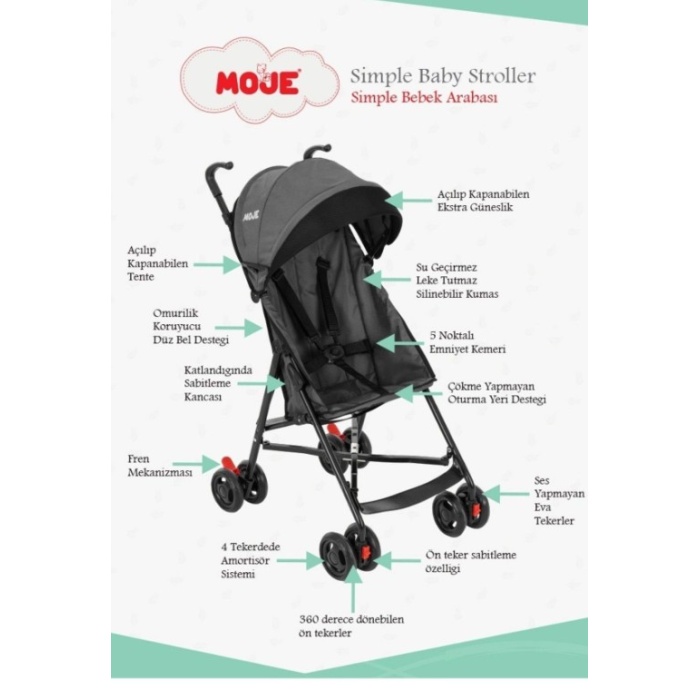 Moje Simple Pratik Baston Bebek Arabası Gri