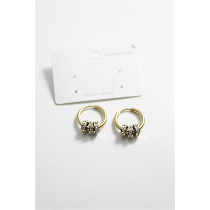 Çelik Taşlı Halka  Küpe - Altın