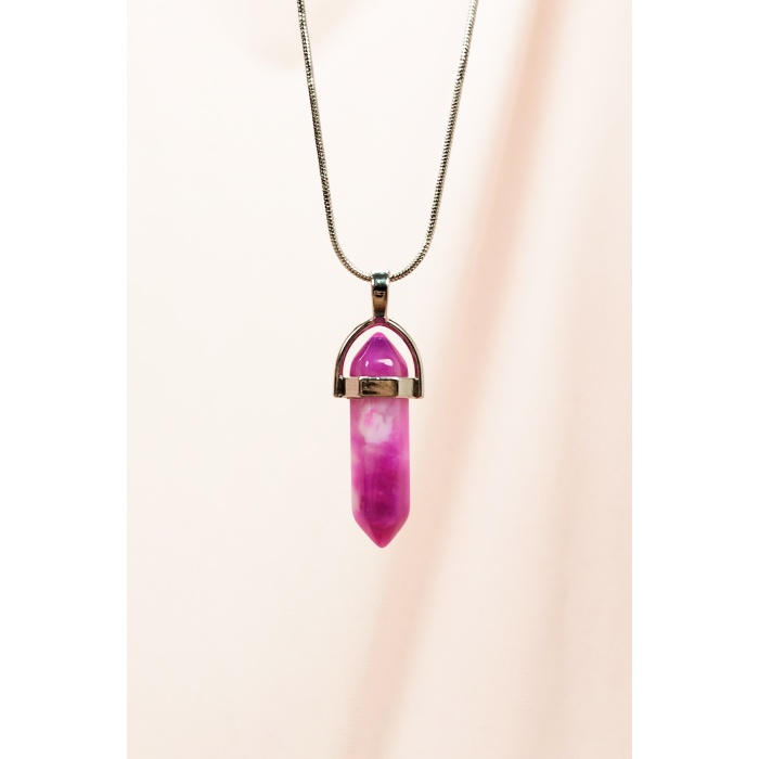 Pembe Akit Doğal Taşı Zincirli El Yapımı Tasarımlı Kolye Uç: 3,5 cm Zincir: 20 cm Kutulu
