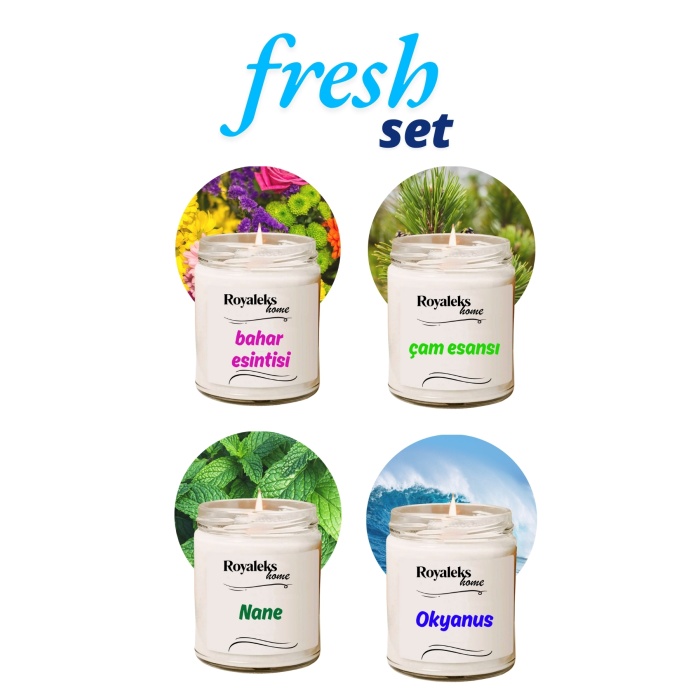 4 Adet Doğal Özel Seri Kokulu Dekoratif Kavanoz Mum 4X210 cc - Fresh Set - RYL