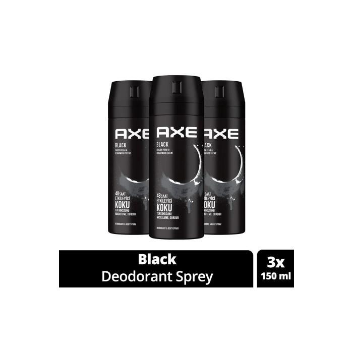 3 Adet Axe Erkek Deodorant & Bodyspray Black 48 Saat Etkileyici Koku Vücut Spreyi 150 ml