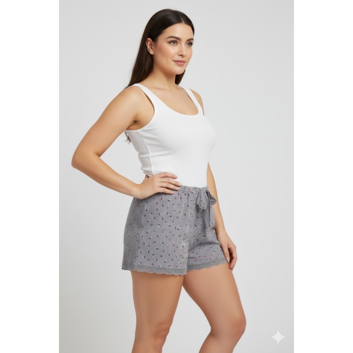 Düz Renk Mini Çiçek Desenli Penye Kadın Ev Şortu Bacak Dantel Detaylı Ev Giyim Gri