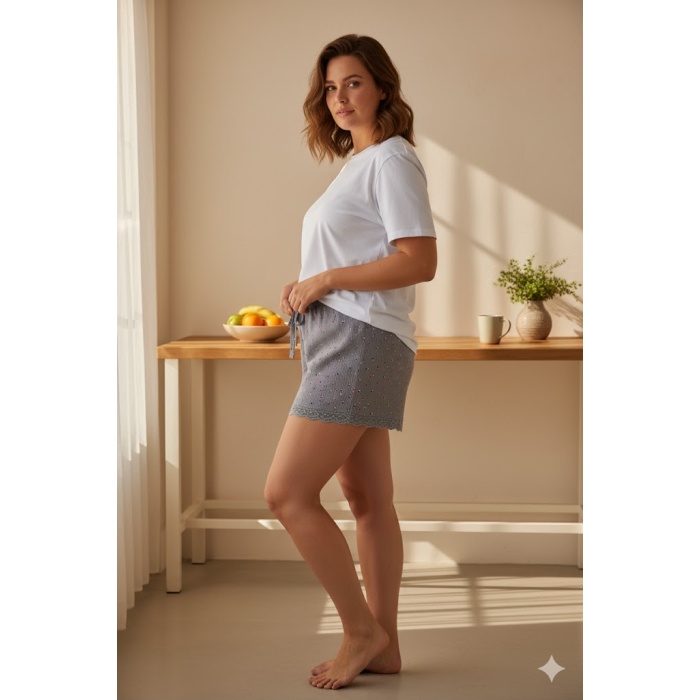 Düz Renk Mini Çiçek Desenli Penye Kadın Ev Şortu Bacak Dantel Detaylı Ev Giyim Gri