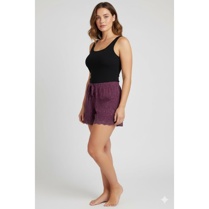 Düz Renk Mini Çiçek Desenli Penye Kadın Ev Şortu Bacak Dantel Detaylı Ev Giyim Gül Kurusu