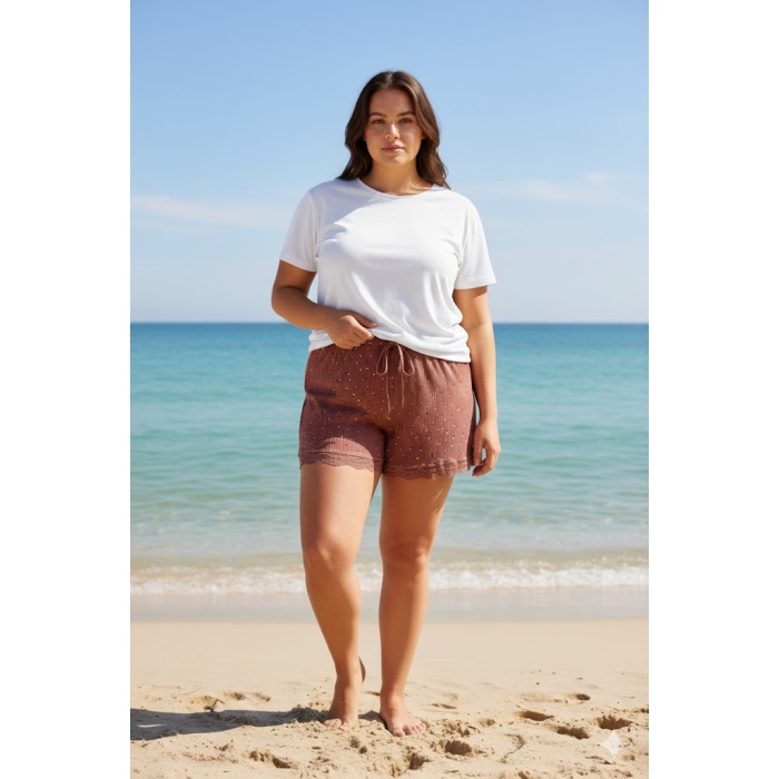 Düz Renk Mini Çiçek Desenli Penye Kadın Ev Şortu Bacak Dantel Detaylı Ev Giyim Taba