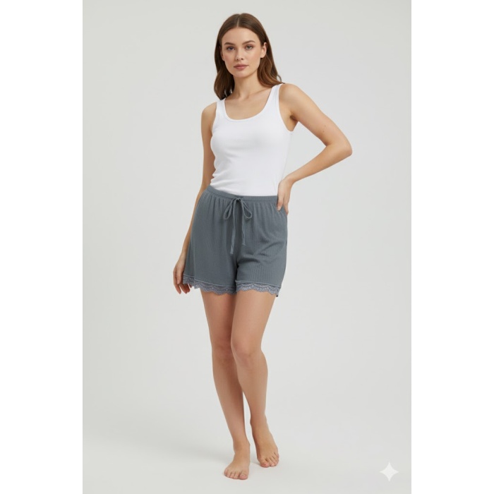 Bambu Fitilli Kadın Ev Şortu Bacak Dantel Detaylı Ev Giyim Gri