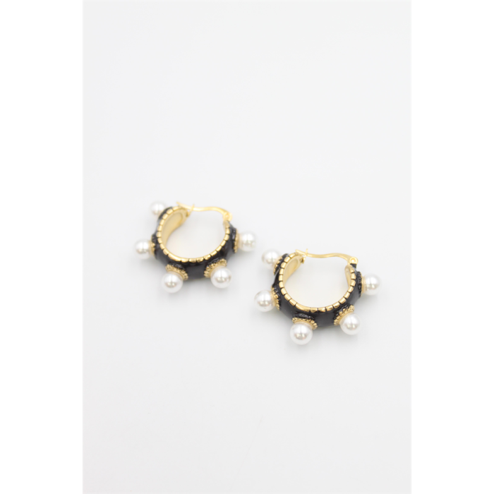 İncili Mineli Halka Küpe - Siyah