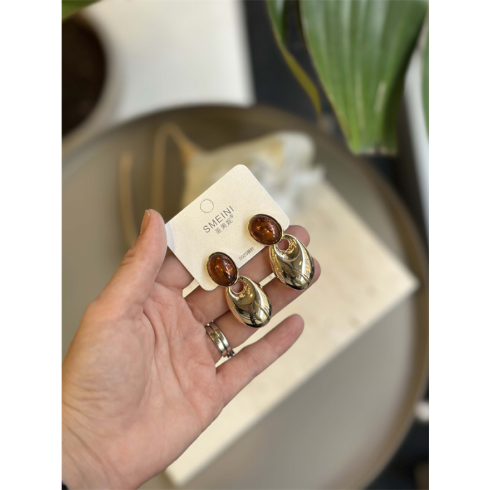 Taşlı Küpe - Kahverengi