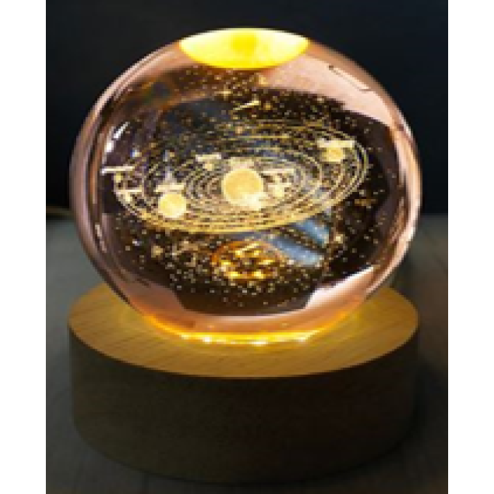Dekoratif Gezegen Tasarımlı Ahşap altlıklı Işıklı Cam Küre Büyük Boy Cam 8 Cm Ahşap 2 Cm