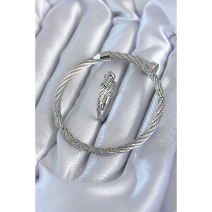 316L Çelik Gümüş Renk Sarmal Model Erkek Bileklik Yüzük Kombini - TJ-EB3599