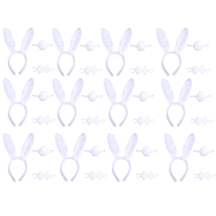 Beyaz Tavşan Kostüm Seti – Taç Papyon Kuyruk 12 li Paket