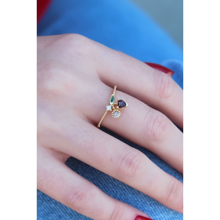 Gold Renk Kiraz Model Zirkon Taşlı Kadın Yüzük - TJ-BYK2603