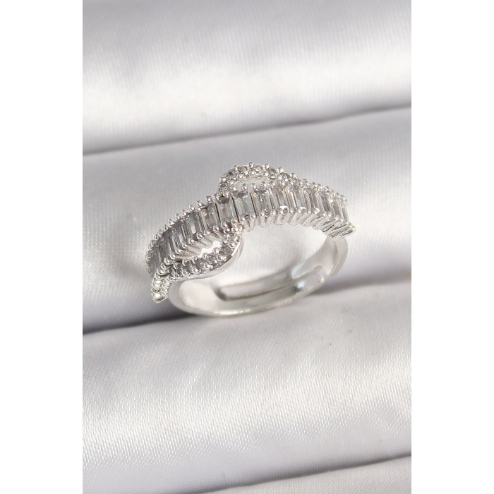 Pirinç Gümüş Renk Su Yolu Zirkon Taşlı Ayarlanabilir Model Kadın Yüzük - TJ-BYK3690