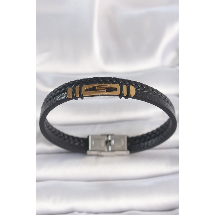 316L Çelik Gold Renk Aksesuarlı Çift Sıra Siyah Burgu Desenli Deri Kordon Erkek Bileklik - TJ-EB3708