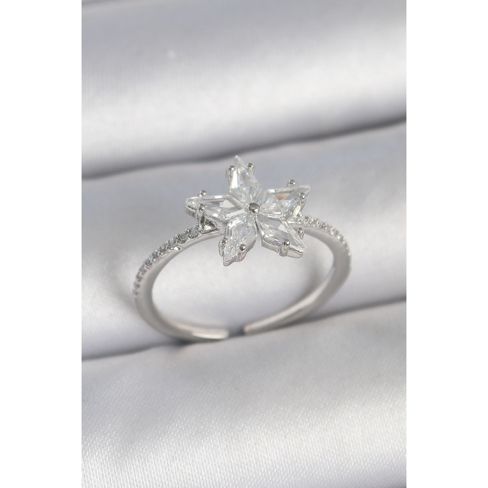 Pirinç Gümüş Renk Zirkon Taşlı Yıldız Model Ayarlanabilir Kadın Yüzük - TJ-BYK3716