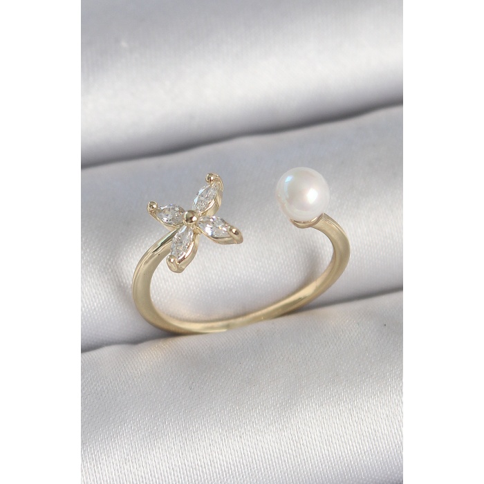 Pirinç Gold Renk Zirkon Taşlı Çiçek Model İnci Detay Ayarlanabilir Kadın Yüzük - TJ-BYK3727